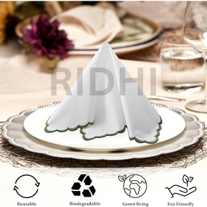 Serviettes Ridhi 100% coton blanc avec bordure festonnée brodée vert sauge, 18x18, serviettes réutilisables faites à la main pour mariage, événement, cadeau - Product Image 6