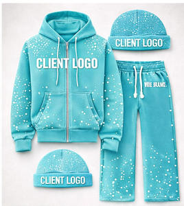 Conjunto de Sudadera con Capucha y Pantalones Deportivos de Forro Polar 100% Algodón Transpirable para Invierno, Color Rosa con Pedrería, con Cremallera, y Gorro a Juego, Estilo Urbano para Hombre - Product Image 1