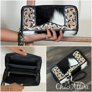 Genuine Hand Tooled Leather <b>Wallet</b> Black Clutch Cowhide Western Floral Carved Wristlet <b>Purse</b> Handmade Women’s Clutches - Product Image 1