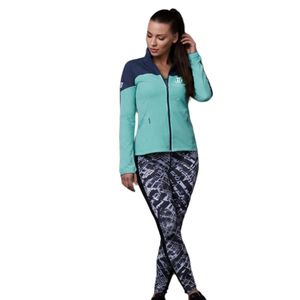 Conjunto Deportivo para Mujer, Chaqueta Deportiva con Cierre Completo en Azul Marino y Aqua, y Leggings Estampados de Cintura Alta - Product Image 1