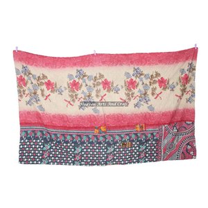Indian Hand Block Print Printing Kantha Reversible Blanket Indian Reversible Hand Stitched Heavy <b>Throw</b> Old Sari Blanket Patch - Product Image 3