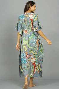 Vestido Kaftán de Algodón Hecho a Mano en India, Ligero, Estilo Kimono, para Playa - Product Image 4