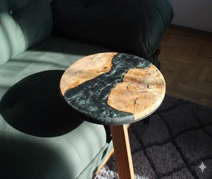 Table basse ronde pour salon avec design à bords arrondis de type cône, table d'appoint en résine et bois avec incrustation d'os, table d'appoint artisanale naturelle - Product Image 6