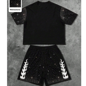 Custom Rhinestone <b>Flame</b> Print T <b>Shirt</b> and Shorts Set Men Casual Streetwear Summer Two Piece Outfit OEM Wholesale Set - Product Image 1