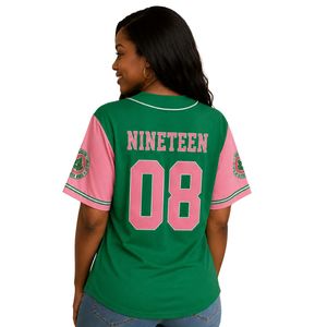 Camiseta Deportiva Verde y Rosa para Mujer, Estilo Béisbol, con Botones y Diseño de Letras Griegas, Ropa Casual de Equipo, Top de Moda - Product Image 2