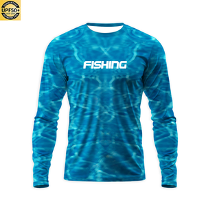 Camisa de Pesca de Manga Larga para Hombre, Estampado Azul Agua, UPF50+, Protección UV, Poliéster, Tipo Pullover - Product Image 1