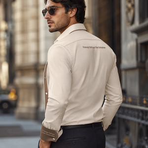 Chemise habillée bleu clair pour homme avec bordure contrastante marine et logo imprimé par transfert thermique sur le devant, manches longues, col rabattu - Product Image 5