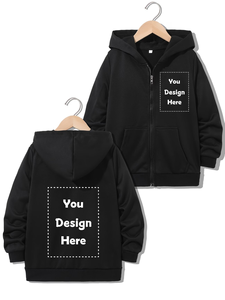 Customizable Kids Hooded Zip-Up Sweatshirt 100% Cotton Eco-Friendly Solid Black Printed Design Front and Back Casual Winter Wear - Product Image 2
