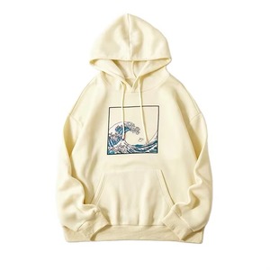 Sweat-shirt à capuche pour homme, couleur crème, imprimé Grande Vague, coupe ample, style décontracté, vêtement d'automne, en coton French Terry - Product Image 1
