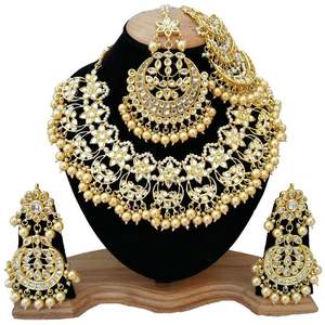 Gold Plated Kundan Jewelry <b>Set</b> Necklace Earrings Floral Design Imitation Pearl <b>Crystal</b> Women Wedding Bridal Wear Ethnic Style - Product Image 3