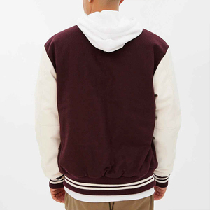 Unisex Deep Maroon for Varsity Style Hooded <b>Jacket</b> Geometric Patchwork Striped Ribbed Trim Zipper Closure Premium Urban - Product Image 6
