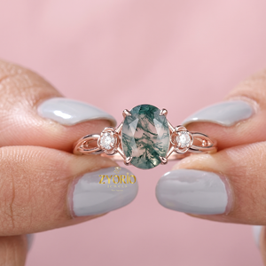 Oval <b>Moss</b> <b>Agate</b> <b>Ring</b> 10K Gold Vintage Floral Engagement <b>Ring</b> Green <b>Moss</b> <b>Agate</b> Diamond Accent <b>Ring</b> For Women - Product Image 1