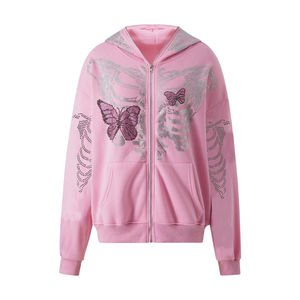 Sweat à capuche zippé rose oversize style Y2K, motif papillon squelette, strass et cristaux, en polaire, streetwear, effet bling - Product Image 1