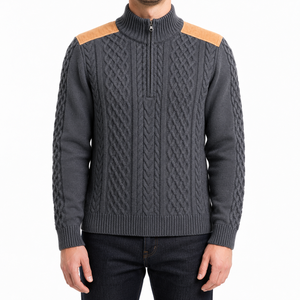 <b>Men</b>’s Heritage Cable Knit <b>Turtleneck</b> Zip Sweater with Faux Suede Shoulder Panels Winter Pullover | OEM ODM Manufacturer - Product Image 1