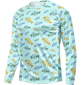 เสื้อแรชการ์ดแขนยาวแบบยูนิเซ็กซ์ สีฟ้าอ่อน ลายปลา ผลิตจากวัสดุรักษ์โลก แห้งเร็ว น้ำหนัก 220 กรัม ป้องกันรังสียูวี ผลิตจากโพลีเอสเตอร์ สำหรับผู้ใหญ่ ป้องกันแสงแดด UPF 50+ - Product Image 1