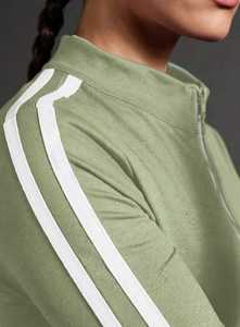 Ensemble de survêtement rayé vert olive pour femme, manches longues, demi-zip, coupe sportive, pantalon de jogging avec poches latérales - Product Image 5
