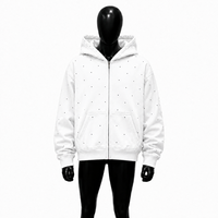 Sweat-shirt à capuche zippé blanc pour homme, coupe oversize premium, style streetwear, motif à pois noirs, en polaire, décontracté, mode hiver