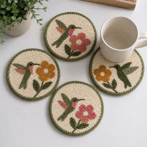 4pcs Hummingbird Punch <b>Needle</b> Coaster Set, Handcrafted Floral Yarn Drink Mats for Table Decor by Whimsy Art Craft - Product Image 1