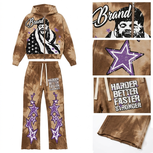 Conjunto de Sudadera con Capucha y Pantalones Largos de Chándal Premium Personalizado con Efecto Desgastado por el Sol, Estampado de Estrellas con Purpurina y Eslogan, Cierre Frontal con Cremallera, Ajuste Holgado - Product Image 2