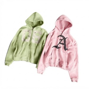 Sweat à capuche oversize zippé avec imprimé lettres sur le devant, décontracté, unisexe, coupe classique, 100% coton French Terry, automne - Product Image 1