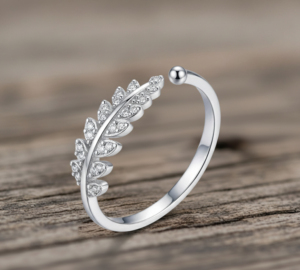 Romantic Leaf Design Ring With Brilliant Cut Stones 925 Silver For Women adjustable Clasp - Product Image 1
