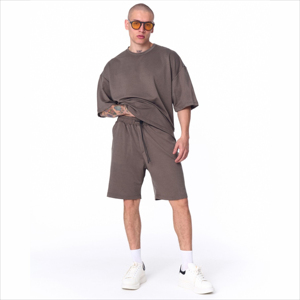 Men's Solid Color Cotton Knitted Crew Neck T-Shirt <b>Set</b> Casual Summer Wear Breathable Oversized Fit <b>Short</b> Sleeve <b>Top</b> <b>And</b> <b>Shorts</b> - Product Image 6