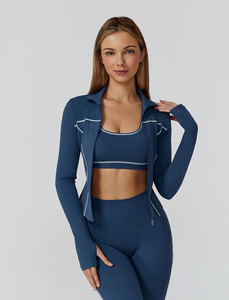 Women's Three Piece Seamless Gym Workout Set Long Sleeve <b>Zip</b> <b>up</b> Yoga Activewear <b>Crop</b> Top Sports Bra Leggings Jacket - Product Image 4