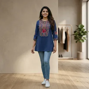 Women <b>Navy</b> Blue Embroidered Tunic <b>Top</b> Three Quarter Sleeve Loose Fit Ethnic Casual Blouse Floral Print Everyday Indian Fashion - Product Image 1