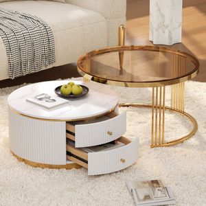 Tavolino da Caffè Moderno Rotondo a 2 Pezzi con Piano in Vetro Temperato Marrone e Cassetti, 27,6 Pollici - Product Image 2
