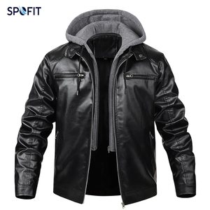 <b>Men's</b> Distressed Brown Genuine Leather Jacket with Attached Hood Real Leather Biker Jacket with <b>Fleece</b> Hoodie - Product Image 3
