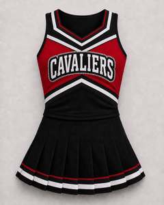 Uniforme de cheerleading personnalisé, style jupe rouge, noir et blanc, impression par sublimation pour adultes, logo en strass sur le devant, uniforme de cheerleading pour filles - Product Image 1