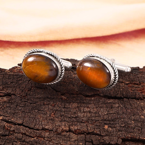 Boutons de manchette ovales en œil de tigre naturel et argent allemand pour homme – Bijou de luxe pour mariage, affaires, anniversaire, Noël - Product Image 6