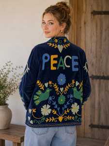 Luxury Handmade Stunning Blue <b>Velvet</b> Suzani Embroidered Jacket Boho Floral Peace Statement Kimono <b>Coat</b> Indian Artisan Outerwear - Product Image 2
