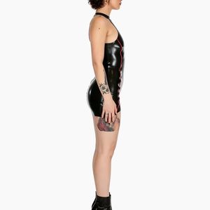 Black <b>Latex</b> Bodycon <b>Mini</b> <b>Dress</b> Halter Lace Up Asymmetrical Hem Fitted Sexy Party Wear Sleeveless Solid Color - Product Image 2