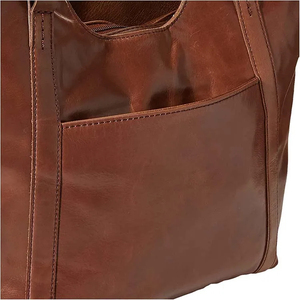 Sac fourre-tout en cuir véritable pour femme, style bohème, motif floral embossé, fermeture éclair, bandoulière avec pompon décoratif - Product Image 4