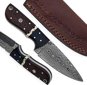 Couteau de chasse à lame fixe en acier Damas de qualité industrielle, fabriqué sur mesure par Trend Blades, pointe clip, manche en bois, étui en cuir - Product Image 1