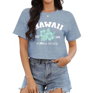 Camisetas Holgadas con Estampado Hawaiano en Oferta, Color Azul Cielo, Algodón, Manga Corta, Estilo Moderno para Vacaciones, Tops Cortos para Mujer - Product Image 1