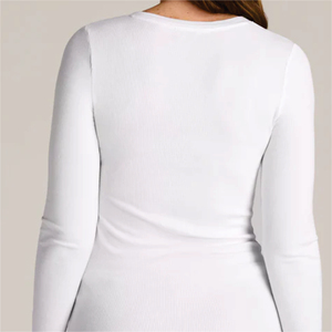 Women's White <b>Long</b> <b>Sleeve</b> O-Neck <b>Henley</b> T-Shirt Solid Knitted Organic Cotton Casual Breathable Regular Fit Full <b>Sleeve</b> - Product Image 4