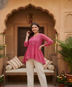FANCY GEORGETTE PRINTED COTTON WORK ONLY TOP DAILY WEAR WHOLESALE PRICE ETHNIC GARMENT <b>KURTI</b> PINK - Product Image 3