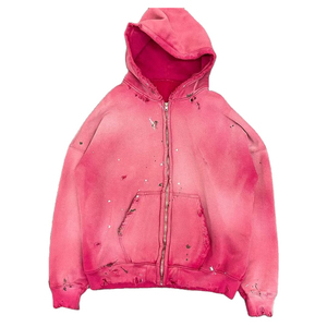 Factory Price Unisex <b>Oversized</b> Zip Up Hoodie Gradient Pink Washed <b>Vintage</b> Distressed Hooded <b>Sweatshirt</b> with Pockets Embroidered - Product Image 1