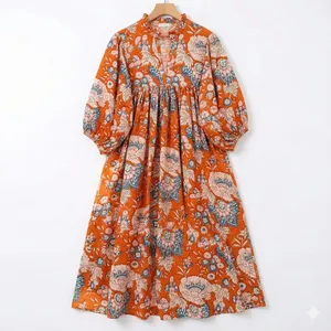 Premium Orange Cotton Floral Block Print Midi <b>Dress</b> With Puff Sleeve <b>Loose</b> Fit V-Neck Casual Summer <b>Dress</b> - Product Image 2