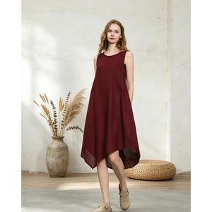 Premium Burgundy O-Neck Sleeveless Linen Cotton Mini <b>Dress</b> <b>Loose</b> Fit Casual Summer <b>Dress</b> With Pockets Women's Maxi <b>Dress</b> - Product Image 2