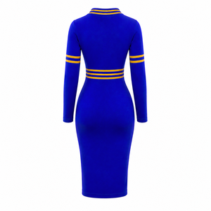 เดรสยาวสีน้ำเงินแขนยาวทรงเข้ารูปสำหรับผู้หญิง Sigma Gamma Rho แต่งแถบสีทอง คอเสื้อแบบคอกลม ไซส์พลัส ทรงเข้ารูป สไตล์ลำลอง - Product Image 4