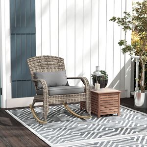 Sedia a dondolo Adirondack in vimini con schienale alto, cuscino e cuscino decorativo per esterni, portico, balcone, grigia - Product Image 2