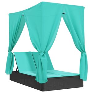 Tumbona Doble con Techo de Poliratán Negro y Cortinas, Muebles de Exterior Cómodos - Product Image 2