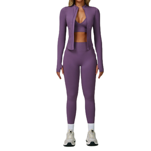 Conjunto Deportivo de 2 Piezas para Mujer, Color Morado, Chaqueta con Cremallera de Manga Larga, Leggings de Cintura Alta, Ropa Deportiva Transpirable de Punto para Todas las Temporadas - Product Image 1