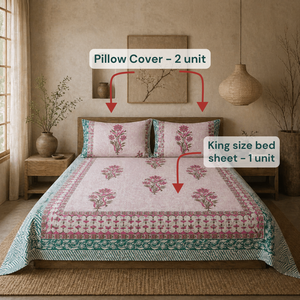 Jaipur Handmade <b>Block</b> Printed Intricate Floral Eco-Friendly Home <b>Bed</b> Sheet Set 3PC King Size 100% Cotton 200TC Machine Washable - Product Image 6