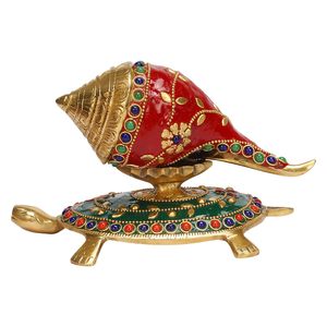 Brass Shankh Stand Shankh Conch for <b>Home</b> Vastu Pooja Puja Mandir Office Table Decor Collectible Handicraft Art <b>Yellow</b> - Product Image 3