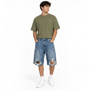 Shorts en jean droits pour hommes, coupe longue, en coton, avec délavage indigo, broderie personnalisée, longueur genou, coupe décontractée - Product Image 3