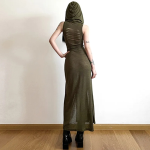 Vestido Maxi con Capucha Estilo Wasteland con Aberturas Altas Dobles, Verde Oliva, Chic Desértico, Vestido con Capucha y Recortes - Product Image 3
